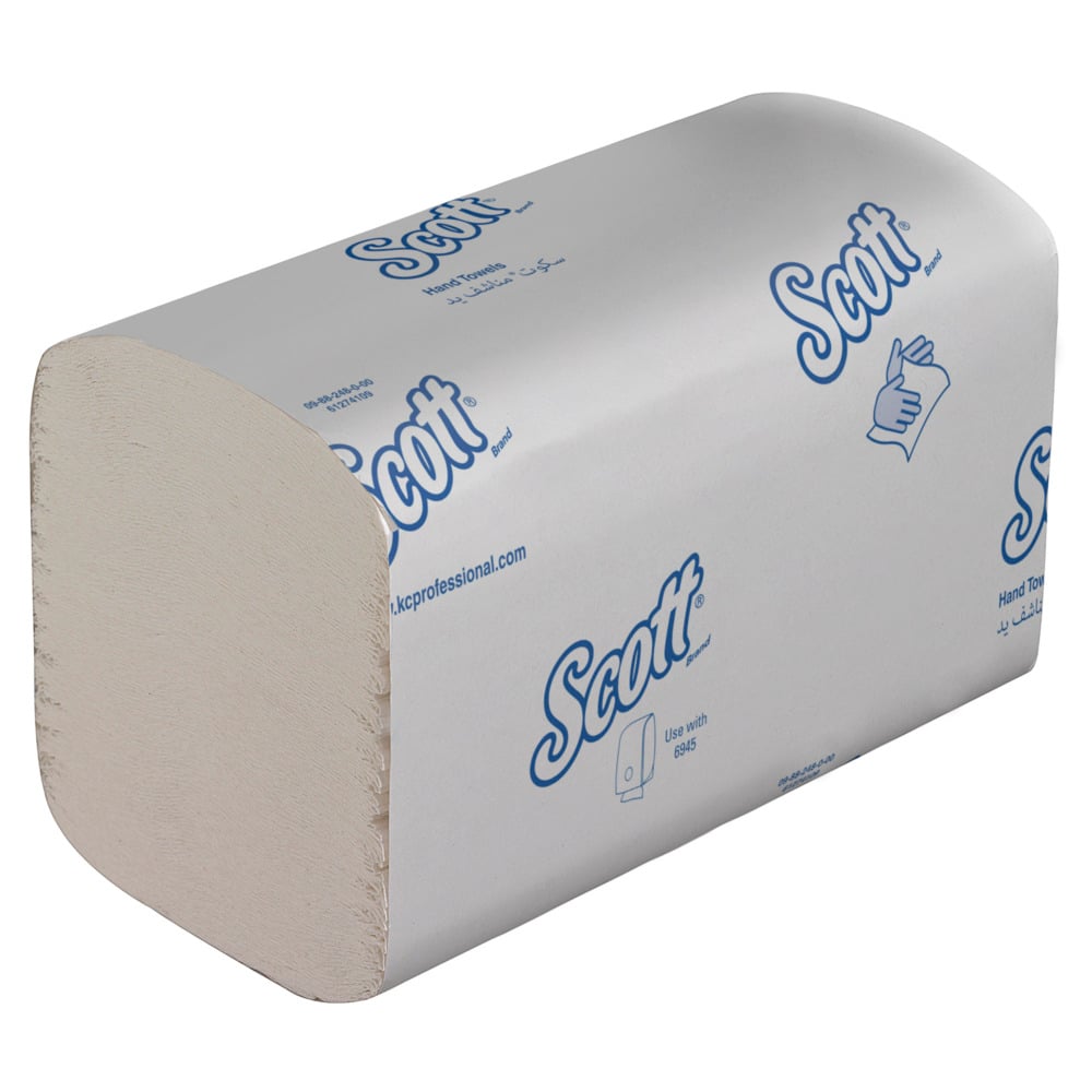 Ένας σωρός από διπλωμένες Scott® Control™ Χαρτοπετσέτες σε λευκές συσκευασίες, με μπλε κείμενο και σύμβολα για στέγνωμα χεριών. Κάθε κουτί περιέχει 15 μικρές συσκευασίες (καθεμία με 304 φύλλα) από την Kimberly-Clark GmbH.