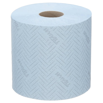 Μια συσκευασία με 6 μπλε WypAll® L10 χαρτοπετσέτες κεντρικής τροφοδοσίας (630 φύλλα η καθεμία) από την Kimberly-Clark GmbH, με μοτίβο Chevron και καφέ χάρτινο πυρήνα - ιδανικό για τον τομέα των τροφίμων και της υγιεινής.