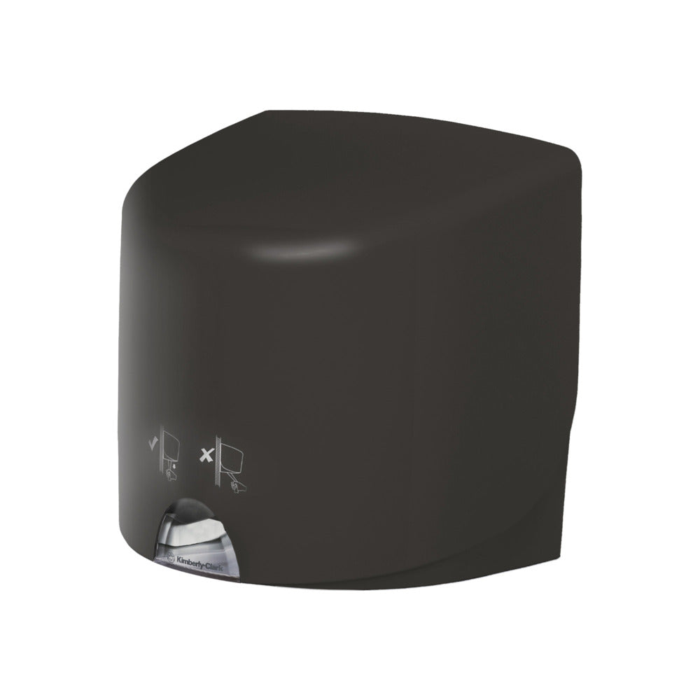 Ein grauer Aquarius™ Wischtuch-Spender - Roll Control von Kimberly-Clark GmbH steht vor einem weißen Hintergrund, mit einem kleinen Fenster mit sichtbarem Papierhandtuch und einer einfachen Gebrauchsanweisung auf der Vorderseite, konzipiert für den professionellen Einsatz.