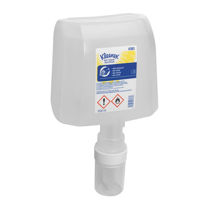 Το Kleenex® Extra Gel Απολύμανση Χεριών της Kimberly-Clark GmbH παρέχεται σε μια διαφανή κασέτα 1,2 λίτρων για ηλεκτρονικούς διανομείς. το λευκό μπουκάλι φέρει μπλε-κίτρινη ετικέτα κινδύνου που υποδεικνύει το εύφλεκτο περιεχόμενο. Το κουτί περιέχει 4 κασέτες.