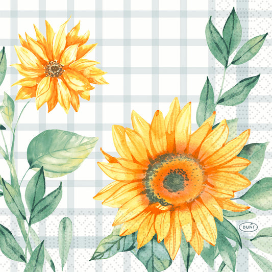 Erhellen Sie Ihre Tischdekoration mit Duni GmbH Serv.33x33 3lg 1/4 Sonnenblume-250er-Pack Servietten mit gelben Sonnenblumen und grünen Blättern in Aquarellfarben auf weißem und hellgrauem Hintergrund. Perfekt für jeden Anlass!.