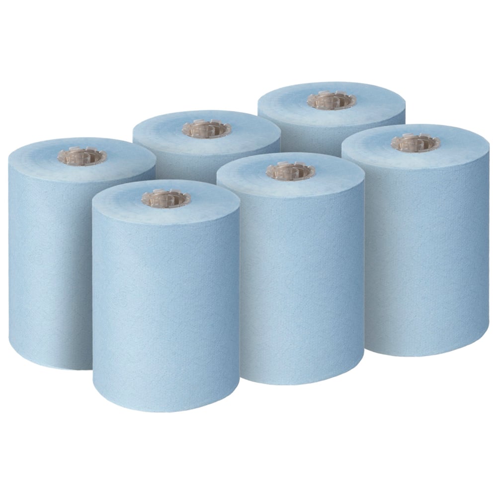 Έξι Scott® Essential™ Slimroll™ πετσέτες χεριών (190,00 μ x 19,80 εκ, Kimberly-Clark GmbH) είναι τοποθετημένες σε δύο σειρές των τριών, αχρησιμοποίητες με ορατό κέντρο χαρτονιού, προσφέροντας φιλική προς το περιβάλλον ξήρανση χεριών.