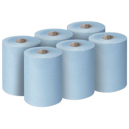 Έξι Scott® Essential™ Slimroll™ πετσέτες χεριών (190,00 μ x 19,80 εκ, Kimberly-Clark GmbH) είναι τοποθετημένες σε δύο σειρές των τριών, αχρησιμοποίητες με ορατό κέντρο χαρτονιού, προσφέροντας φιλική προς το περιβάλλον ξήρανση χεριών.