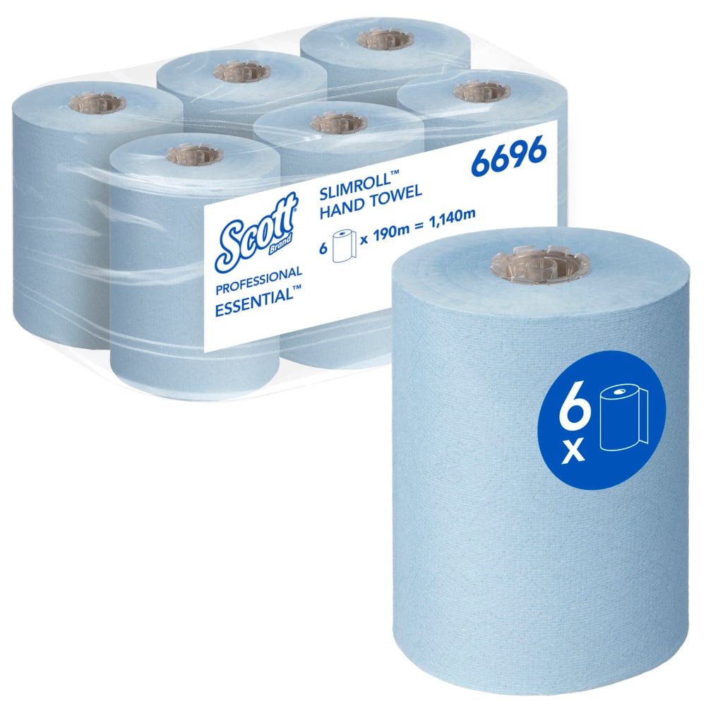 Έξι μπλε ρολά Scott® Essential™ Slimroll™ πετσέτες χεριών (190 μ x 19,8 εκ) από την Kimberly-Clark GmbH, ένα ρολό μπροστά, συσκευασία πίσω με "6 x 190 μ = 1.140 μ", κωδικός προϊόντος 6696 - φιλική προς το περιβάλλον ξήρανση χεριών.