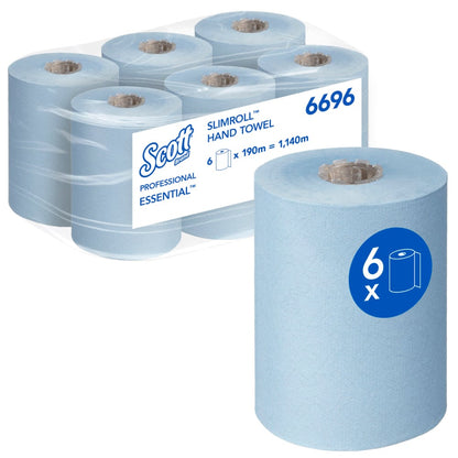 Έξι μπλε ρολά Scott® Essential™ Slimroll™ πετσέτες χεριών (190 μ x 19,8 εκ) από την Kimberly-Clark GmbH, ένα ρολό μπροστά, συσκευασία πίσω με "6 x 190 μ = 1.140 μ", κωδικός προϊόντος 6696 - φιλική προς το περιβάλλον ξήρανση χεριών.