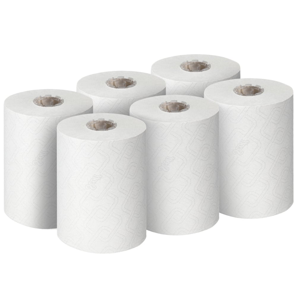 Έξι Scott® Essential™ Slimroll™ πετσέτες χεριών από την Kimberly-Clark GmbH (190,00 μ x 19,80 εκ) εμφανίζονται σε δύο σειρές των τριών. Τα αχρησιμοποίητα ρολά έχουν ένα διακριτικό γεωμετρικό ανάγλυφο μοτίβο για φιλική προς το περιβάλλον ξήρανση χεριών.