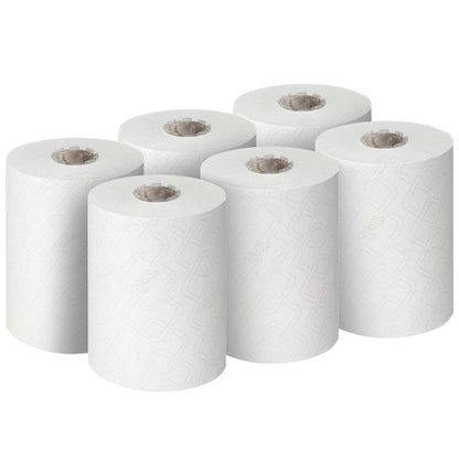Έξι Scott® Essential™ Slimroll™ πετσέτες χεριών από την Kimberly-Clark GmbH (190,00 μ x 19,80 εκ) εμφανίζονται σε δύο σειρές των τριών. Τα αχρησιμοποίητα ρολά έχουν ένα διακριτικό γεωμετρικό ανάγλυφο μοτίβο για φιλική προς το περιβάλλον ξήρανση χεριών.