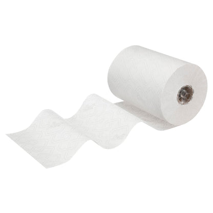 Μια μερικώς ξεδιπλωμένη πετσέτα Scott® Essential™ Slimroll™ (190,00 μ x 19,80 εκ) της Kimberly-Clark GmbH απεικονίζεται σε λευκό φόντο και δείχνει την πρακτική της καταλληλότητα για φιλική προς το περιβάλλον ξήρανση χεριών.