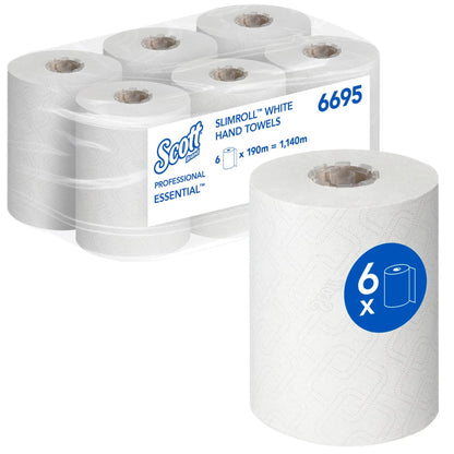 Μια συσκευασία με έξι Scott® Essential™ Slimroll™ πετσέτες χεριών (190 μ x 19,8 εκ) από την Kimberly-Clark GmbH, τοποθετημένες σε δύο σειρές των τριών με επισήμανση προϊόντος και ένα μπλε σύμβολο "6x" ρολών, τέλειες για φιλική προς το περιβάλλον ξήρανση χεριών με ποιοτικές χαρτοπετσέτες.