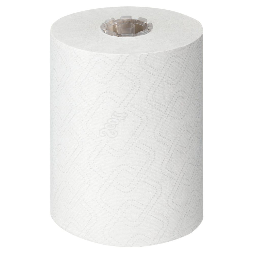 Μια μεμονωμένη λευκή πετσέτα Scott® Essential™ Slimroll™ (190,00 μ x 19,80 εκ) της Kimberly-Clark GmbH, με διακριτική ανάγλυφη υφή και ορατό πυρήνα, στέκεται όρθια σε απλό λευκό φόντο - ιδανική για φιλική προς το περιβάλλον ξήρανση χεριών.
