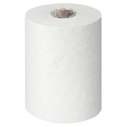 Μια μεμονωμένη λευκή πετσέτα Scott® Essential™ Slimroll™ (190,00 μ x 19,80 εκ) της Kimberly-Clark GmbH, με διακριτική ανάγλυφη υφή και ορατό πυρήνα, στέκεται όρθια σε απλό λευκό φόντο - ιδανική για φιλική προς το περιβάλλον ξήρανση χεριών.