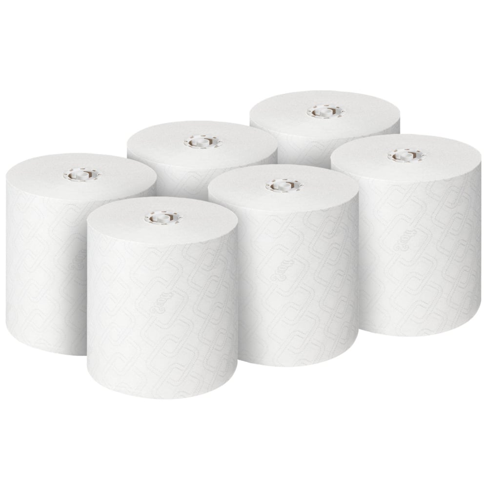 Έξι ρολά Scott® Essential™ πετσέτες χεριών (λευκό), από την Kimberly-Clark GmbH, είναι τοποθετημένα σε δύο σειρές των τριών σε λευκό φόντο. Κάθε ένα από τα 6 ρολά στο κουτί είναι ιδανικό για υγιεινή καθαριότητα των χεριών.