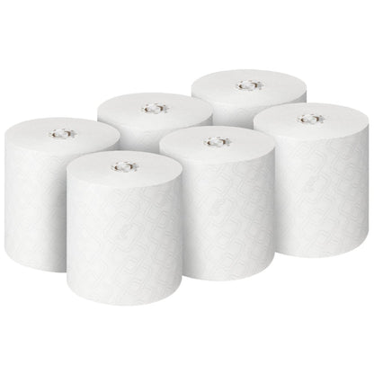 Έξι ρολά Scott® Essential™ πετσέτες χεριών (λευκό), από την Kimberly-Clark GmbH, είναι τοποθετημένα σε δύο σειρές των τριών σε λευκό φόντο. Κάθε ένα από τα 6 ρολά στο κουτί είναι ιδανικό για υγιεινή καθαριότητα των χεριών.