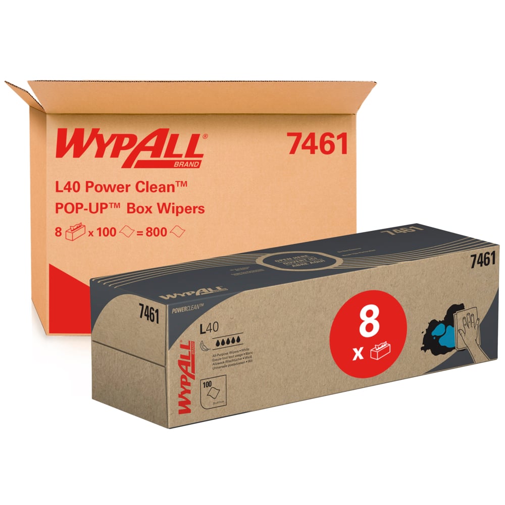 Ένα κουτί με την επιγραφή "WypAll® L40 PowerClean - Zupfbox / Λευκό" της Kimberly-Clark GmbH απεικονίζεται με μια συσκευασία με την επιγραφή "8x", που περιέχει 8 κουτιά με βιομηχανικά πανιά καθαρισμού με 100 φύλλα το καθένα - συνολικά 800 πανιά.