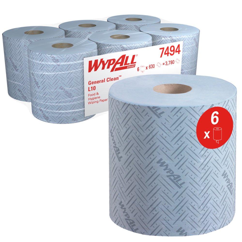 Έξι ρολά WypAll® L10 χαρτοπετσέτας για τρόφιμα & υγιεινή Centrefeed από την Kimberly-Clark GmbH (6 x 630 φύλλα), με μια κοντινή λήψη ενός μπλε ρολού και συσκευασίας. Ιδανικό για χρήση υγιεινής στον τομέα των τροφίμων.