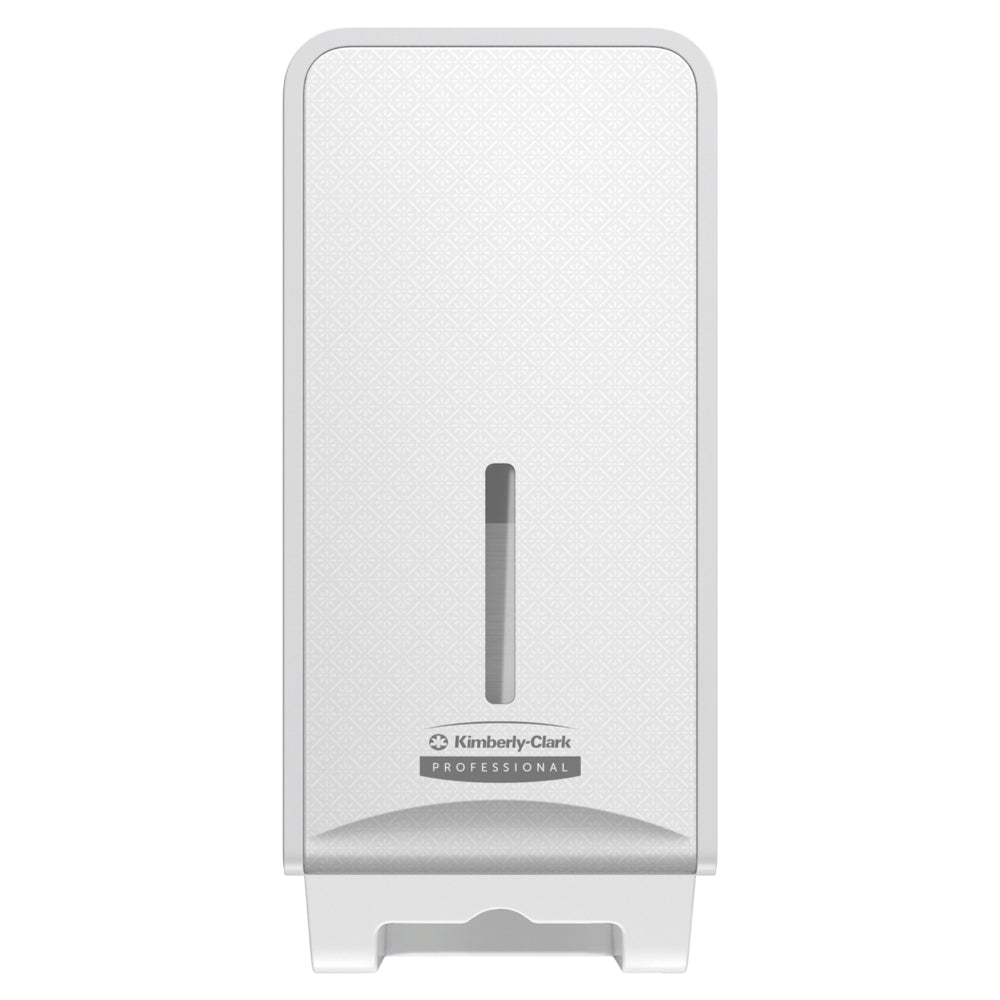 Η επαγγελματική συσκευή διανομής χαρτιού υγείας Kimberly-Clark Professional™ Icon™, διπλωμένο (32x14,5x13,8 cm) της Kimberly-Clark GmbH, είναι λευκή, τοποθετημένη στον τοίχο συσκευή χώρου υγιεινής με κάθετο παράθυρο για έλεγχο περιεχομένου.
