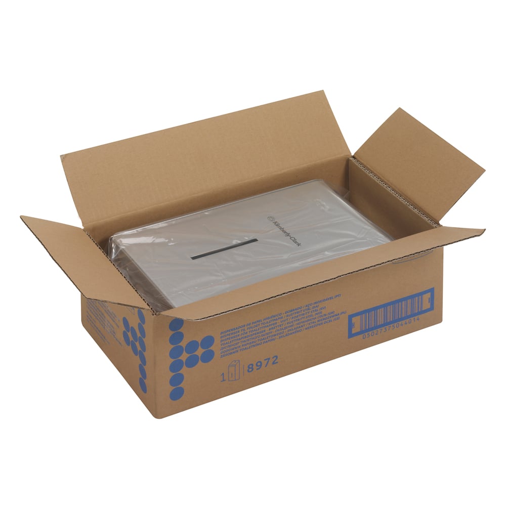 Ένα ανοιχτό κουτί με μπλε γραφικά της Kimberly-Clark GmbH και γραμμωτό κώδικα περιέχει έναν μερικώς ορατό, καθαρά συσκευασμένο Kimberly-Clark Professional™ διανομέα χαρτιού υγείας από ανοξείδωτο χάλυβα - ιδανικό για εμπορικούς χώρους υγιεινής.