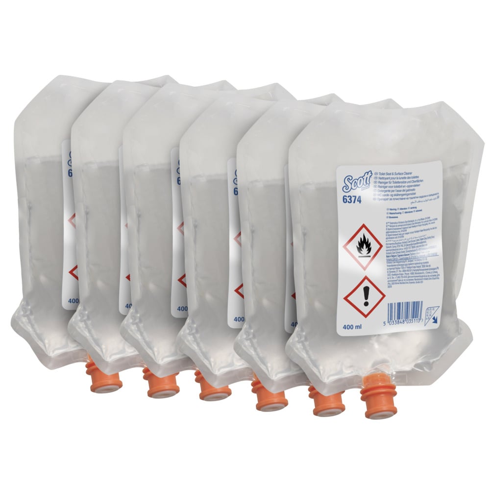 Έξι διαφανείς σακούλες διανομής 400 ml Scott® Καθαριστικό για καθίσματα τουαλέτας και άλλες επιφάνειες από την Kimberly-Clark GmbH, η καθεμία με πορτοκαλί καπάκι και λευκή ετικέτα ασφαλείας, είναι τακτοποιημένες σε ένα κουτί με 6 σακούλες.