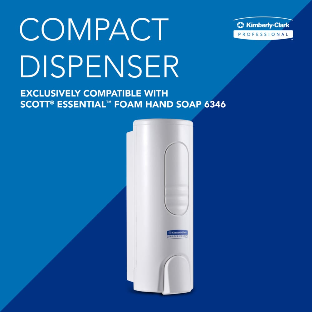 Ein weißer Kimberly-Clark GmbH Spender für Luxuriöse Schaumseife (200ml) ist auf blauem Hintergrund abgebildet, ideal für Waschräume. Exklusiv für Scott Essential Foam Hand Soap 6346. 1 Spender pro Karton, von Kimberly-Clark Professional™.
