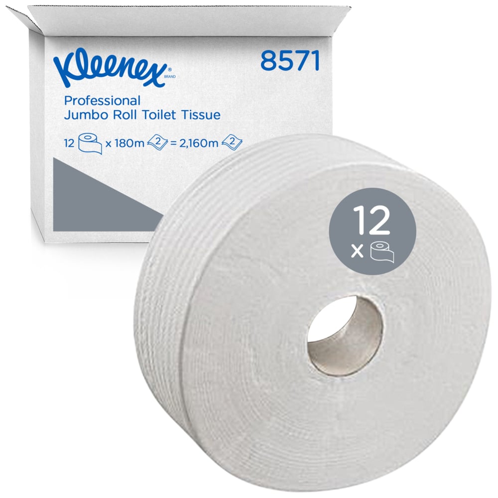 Ένα μεγάλο λευκό ρολό Kleenex® χαρτί υγείας της Kimberly-Clark GmbH στέκεται μπροστά από ένα κουτί με την επιγραφή "12 ρολά x 474 φύλλα", που δείχνει ότι προορίζεται για επαγγελματική χρήση.