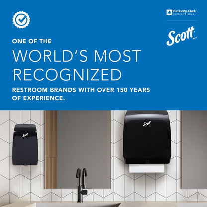 Μια τουαλέτα με έναν διανεμητή χάρτινων πετσετών Scott, έναν διανεμητή χαρτιού υγείας Kimberly-Clark Professional™ Coreless (Λευκό) και έναν διανεμητή σαπουνιού Scott πάνω από τον νιπτήρα. Η επάνω περιοχή τονίζει 150 χρόνια εμπειρίας και βιωσιμότητας της Scott.