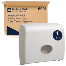 Der Aquarius™ Toilet Tissue Spender - Jumbo Non-Stop von Kimberly-Clark GmbH in Weiß bietet eine praktische und hygienische Lösung für Ihren Toilettenpapierbedarf. 1 Spender je Karton.