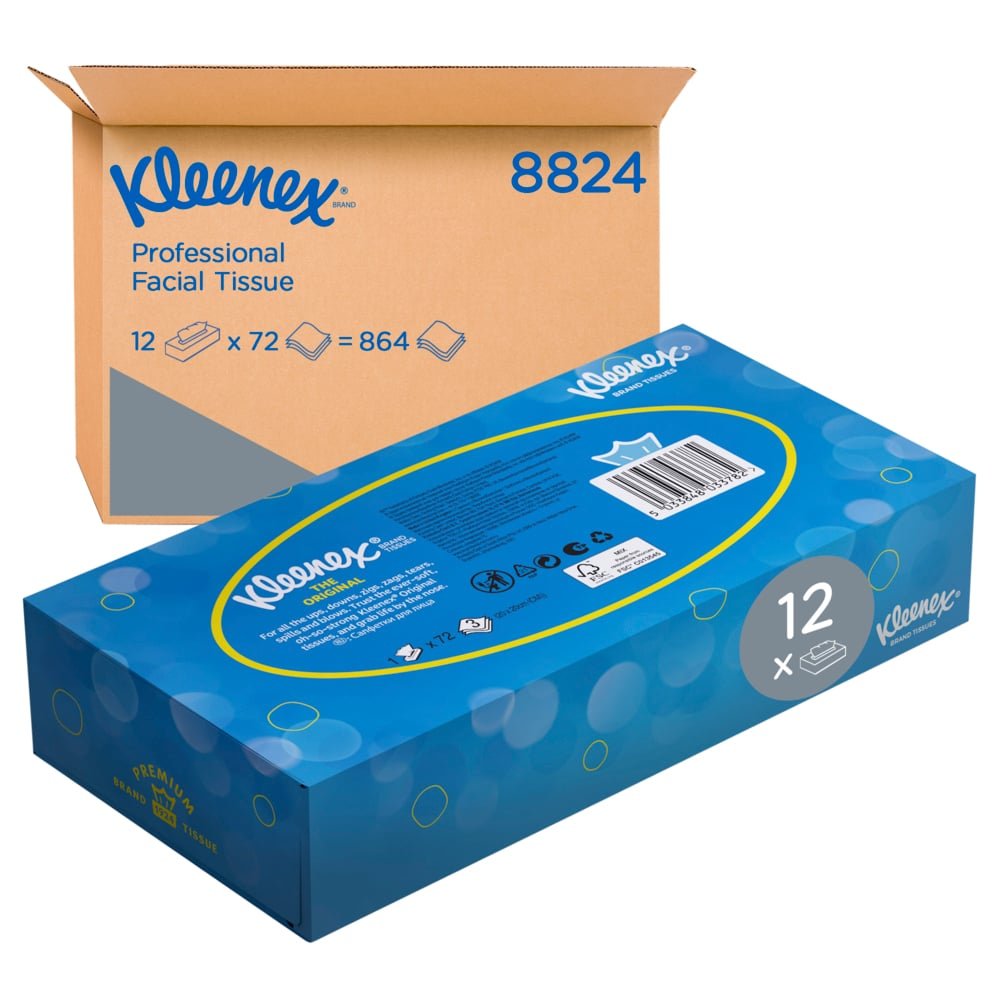Ένα λευκό κουτί με καλλυντικά μαντηλάκια Kleenex® - Standard από την Kimberly-Clark GmbH απεικονίζεται με μια ετικέτα "12 x" μπροστά από ένα καφέ κουτί με την επιγραφή "Kleenex Professional Facial Tissue 8824, 12 x 72 = 864".