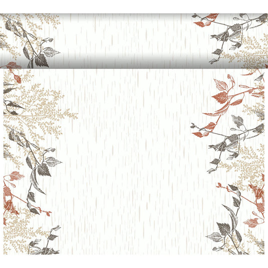 Το Bio-DC Tete a Tete (0.4x24m) της Duni GmbH έχει ένα μπεζ φόντο, λεπτές κάθετες γραμμές και καφέ, μπεζ και μαύρη βοτανική τέχνη στην κορυφή και στις πλευρές - ιδανικό για διακόσμηση με φυσικό ξύλο. Περιλαμβάνει αντίστοιχο οριζόντιο περίγραμμα στην άνω άκρη.