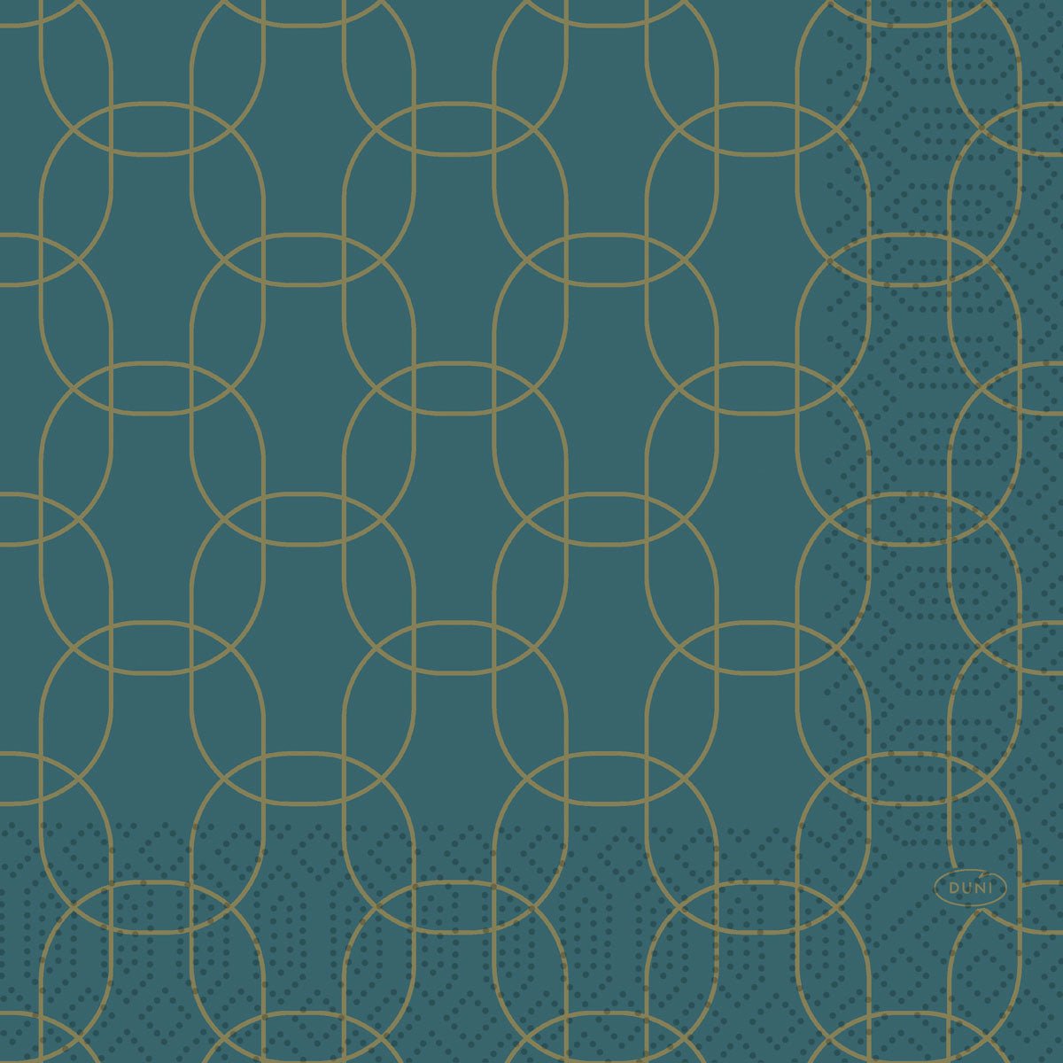 Οι χαρτοπετσέτες 33x33 cm, 3-στρώσεων, Golden Deco από την Duni GmbH έχουν ένα φόντο σε απόχρωση τεαλ με επικαλυπτόμενους χρυσούς κύκλους και οβάλ, με πουά λεπτομέρειες κάτω δεξιά και μια μικρή επιγραφή "DUNI" - ιδανικές για εορταστικές περιστάσεις. Συσκευασία (50 τεμάχια).