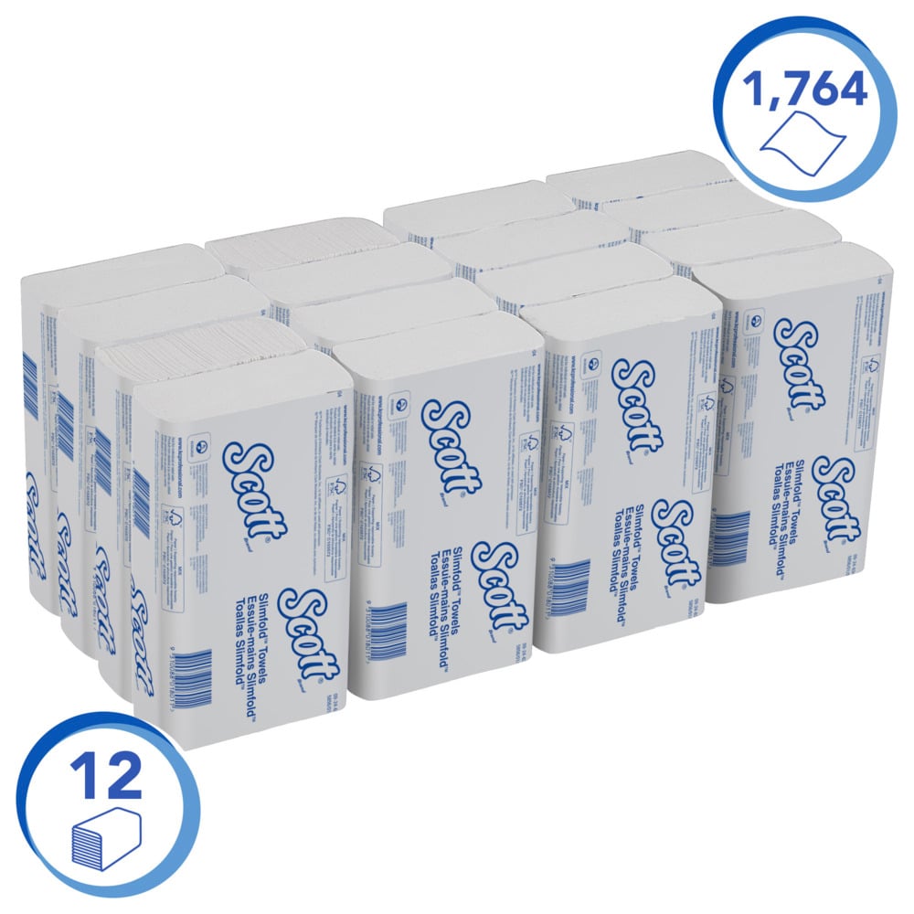 Δεκαέξι πακέτα Scott® SLIMFOLD χαρτοπετσέτες από την Kimberly-Clark GmbH, το καθένα με 110 φύλλα, είναι τοποθετημένα με τάξη. Η λευκή συσκευασία τονίζει 1.760 φύλλα και 16 πακέτα - ιδανικά για υγιεινό στέγνωμα χεριών σε πολυσύχναστους χώρους.