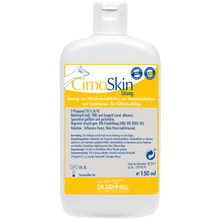 Eine 150 ml Flasche Dr. Schnell CIMOSKIN Händedesinfektion der DR.SCHNELL GmbH & Co. KGaA, mit gelb-weißem Etikett mit Anweisungen zur hygienischen Desinfektion und blau-weißem Flip-Top-Verschluss.