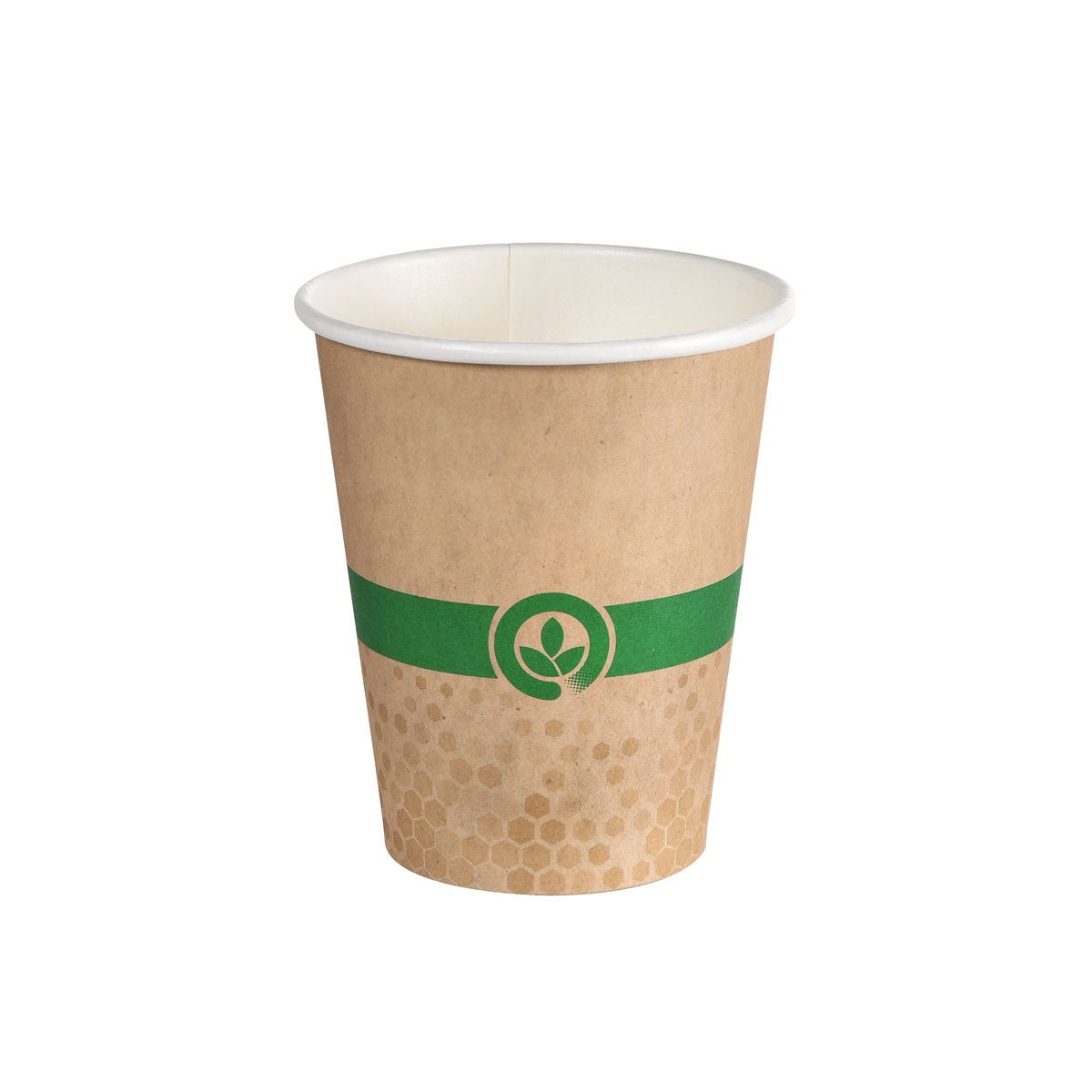 Η Duni GmbH Melli Becher Becher Single Wall 350 ml έχει καφέ σχέδιο με πράσινη ταινία, κεντρικό σύμβολο φύλλου, διακριτικό μοτίβο κυψέλης κοντά στη βάση, λευκό εσωτερικό και είναι κατασκευασμένο από τυπωμένο χαρτόνι με επίστρωση με βάση το νερό. Συσκευασία με 30 κομμάτια.