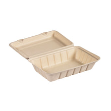 Abgebildet ist ein offener, leerer Clamshell 850 ml unbeschichteter Braun Bagasse Behälter (237x155x70 mm) der Duni GmbH (Packung, 50 Stück) vor weißem Hintergrund.