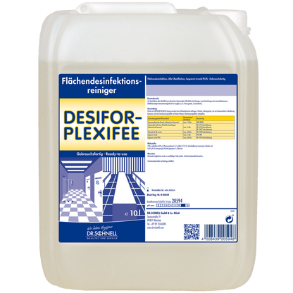 Ένα πλαστικό δοχείο 10 λίτρων από την DR.SCHNELL Desifor PlexiFee Flächendesinfektionsmittel, begrenzt viruzid PLUS, με μια μπλε-λευκή ετικέτα με πληροφορίες προϊόντος, οδηγίες χρήσης και προειδοποιήσεις ασφαλείας.