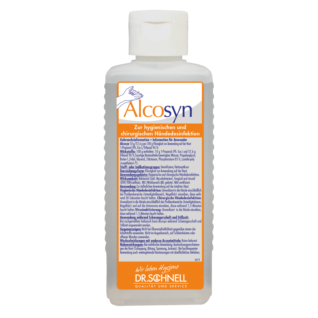 Die durchsichtige Kunststoffflasche der Dr. Schnell ALCOSYN Händedesinfektion der DR.SCHNELL GmbH & Co. KGaA mit weißem Verschluss und deutschem Etikett mit Produktinformation, Gebrauchsanweisung und Logo zur schonenden Händedesinfektion.