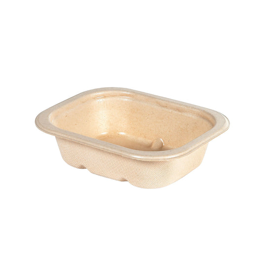 Ein rechteckiges, beiges Tray Side Dish Fibre 1-Comp 37 mm Natur Coated Bagasse (140x116x37mm) von Duni GmbH, hergestellt aus kompostierbaren Formfasern, leer auf weißem Hintergrund abgebildet. Packungsgröße: 340 Stück.