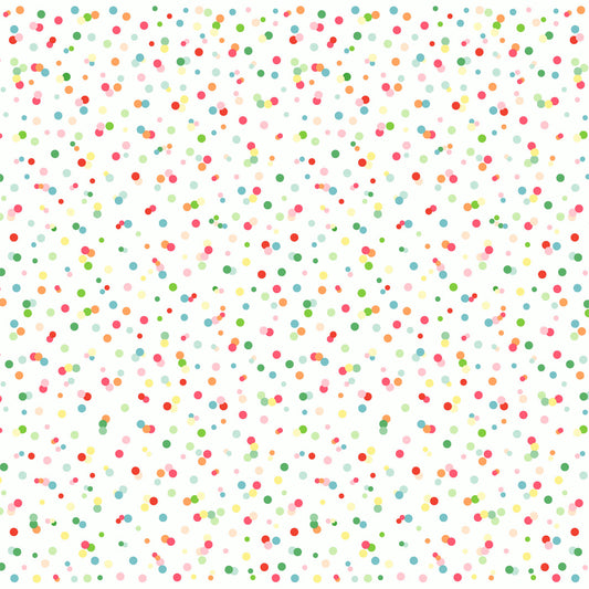 Die Dunicel Mitteldecke 84x84 cm "Happy Bubbles" von Duni GmbH zeigt einen weißen Hintergrund mit bunten Punkten in rot, grün, pink, blau und gelb - ideales Partyzubehör für den Kindergeburtstag. Packung mit 20 Stück.