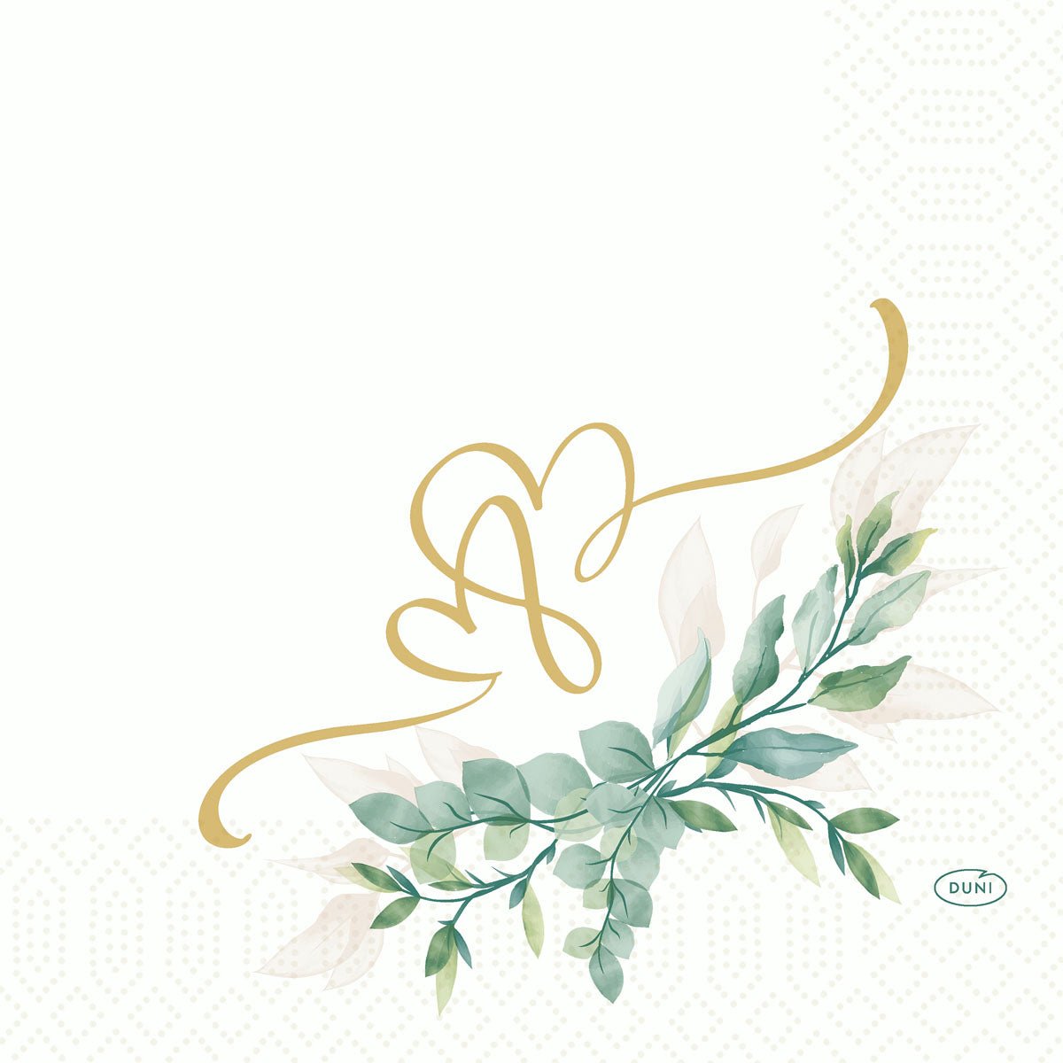 Ein goldenes kalligrafisches Herz πάνω πάνω πράσι αφιερωσμένα με πράσι φύλλου χαρτιά στην κάτω δεξιά για τις χαρτοκαρδίες της Duni GmbH Love Hearts Zellt.-Servietten 33x33 cm, 3-lagig (Packung mit 50), με διακριτικά στιγματισμένο λευκό φόντο και το λογότυπο Duni στη γωνία.