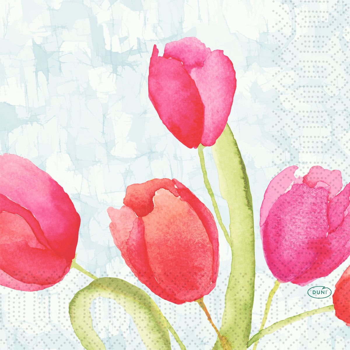 Die Duni GmbH Servietten 33 cm 3lagig 1/4-Falz Painted Tulips Papierservietten (50 Stück) zeigen ein Aquarelldesign aus rosa und roten Tulpen auf hellblauem, gepunktetem Hintergrund - ideal für stilvolle Tischdeko oder hochwertige Papierservietten.