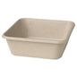 Die Classic Box 900 ml - unbeschichtet Braun Bagasse 155x155x53 von Duni GmbH ist ein schlichter, rechteckiger Behälter mit leicht abgerundeten Ecken und einer strukturierten Oberfläche, leer auf weißem Hintergrund dargestellt. Packung (40 Stück).