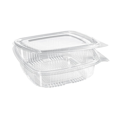 Ein klarer, rechteckiger rPET Deli Hinged Transparent Lebensmittelbehälter der Duni GmbH mit aufgesetztem Deckel ist leicht geöffnet und leer vor einem schlichten weißen Hintergrund abgebildet.