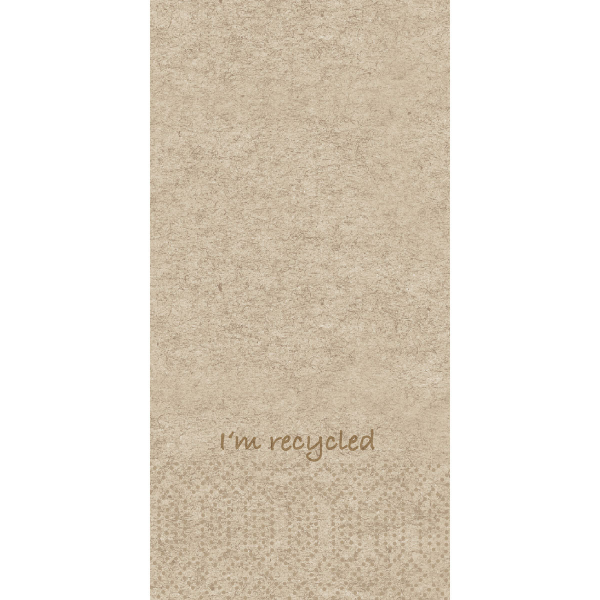 Ένα μπεζ, δομημένο φόντο με την επιγραφή "I'm recycled" με καφέ γράμματα κοντά στο κάτω κέντρο και ένα διακριτικό μοτίβο κουκκίδων από κάτω, ιδανικό για την παρουσίαση της Duni GmbH Zellt.-Serv.33x33 2lg 1/8KF - Ανακυκλωμένες χάρτινες πετσέτες | Συσκευασία (300 τεμάχια).