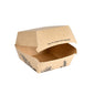 Ένα καφέ κουτί από φύκια Clamshell 500ml (120x120x75mm) από την Duni GmbH από χαρτόνι, με μαύρο φυτικό γραφικό, ανοιχτό και άδειο. Εσωτερική πλευρά του καπακιού: "Γεια, είμαι καλυμμένο με φύκια!" - μια βιώσιμη λύση συσκευασίας.