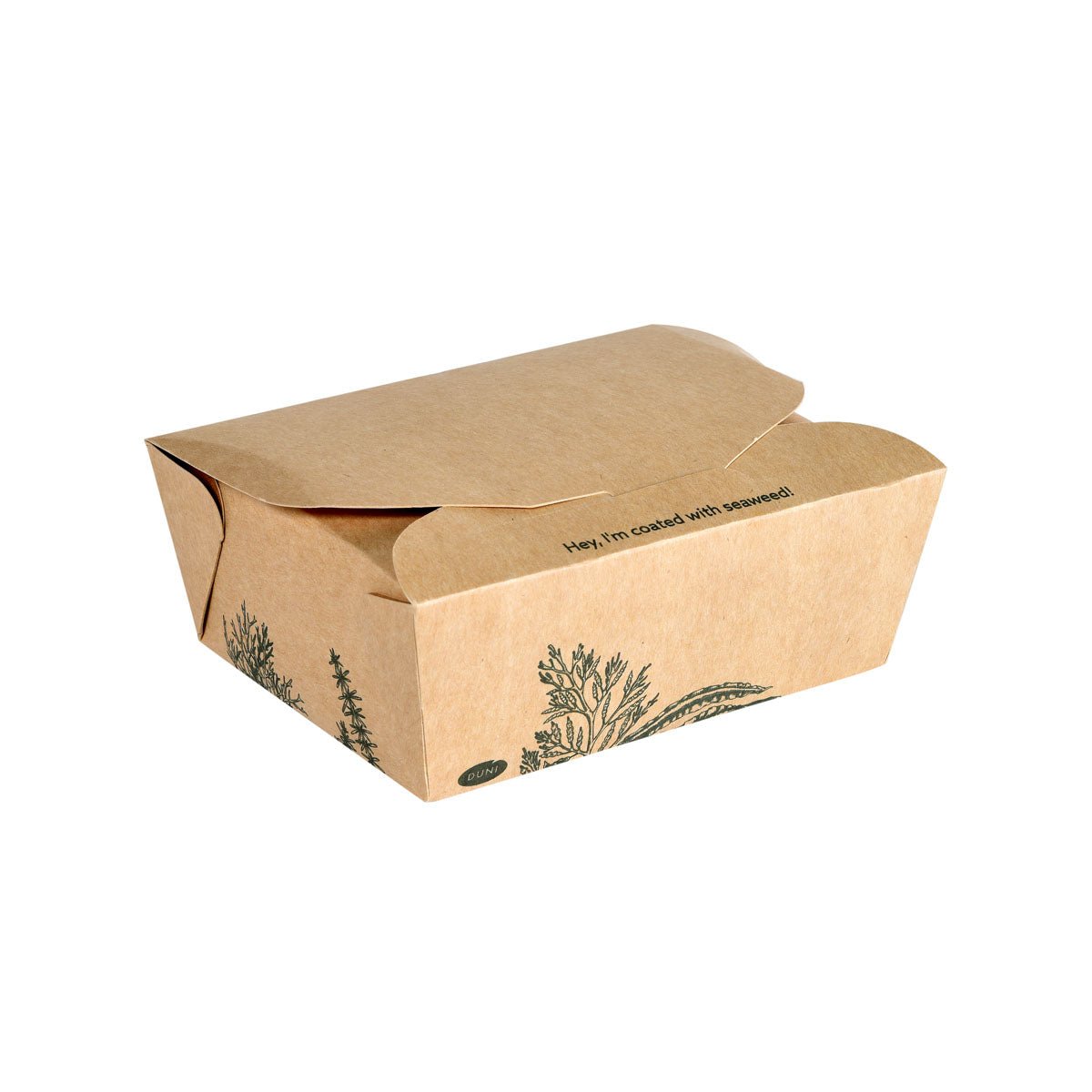 Το Alga Box 1200ml 120x110x62mm, καφέ | Κουτί από την Duni GmbH είναι ένα κλειστό καφέ κουτί με μαύρες βοτανικές εικονογραφήσεις και "Γεια! Είμαι καλυμμένο με φύκια!" στο πάνω καπάκι - μια φιλική προς το περιβάλλον συσκευασία για τρόφιμα για να τα πάρετε μαζί σας.