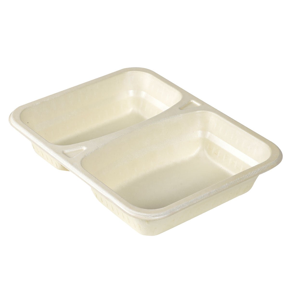 Ένα μπεζ, ορθογώνιο δίσκο FIBER (227x178x45mm) της Duni GmbH, με 2 διαμερίσματα, κατασκευασμένο από φιλικό προς το περιβάλλον υλικό — ιδανικό για τον τομέα της εστίασης — σε λευκό φόντο. Συσκευασμένο σε 1 χαρτοκιβώτιο (συσκευασία).