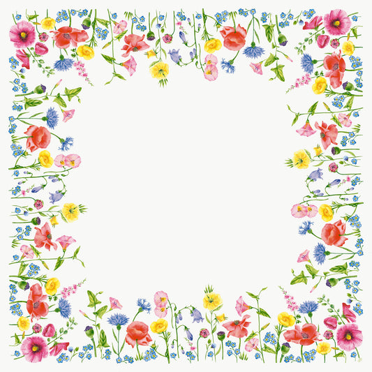 Eine rechteckige Bordüre mit farbenfrohen Wildblumen im Flowy Meadow Design von Duni GmbH umrahmt eine freie Fläche, ideal um das umweltfreundliche Bio-Dunicel-Mitteld.84x84 Flowy Meadow 20P. | Packung (20 Stück) mit lebendiger Eleganz.