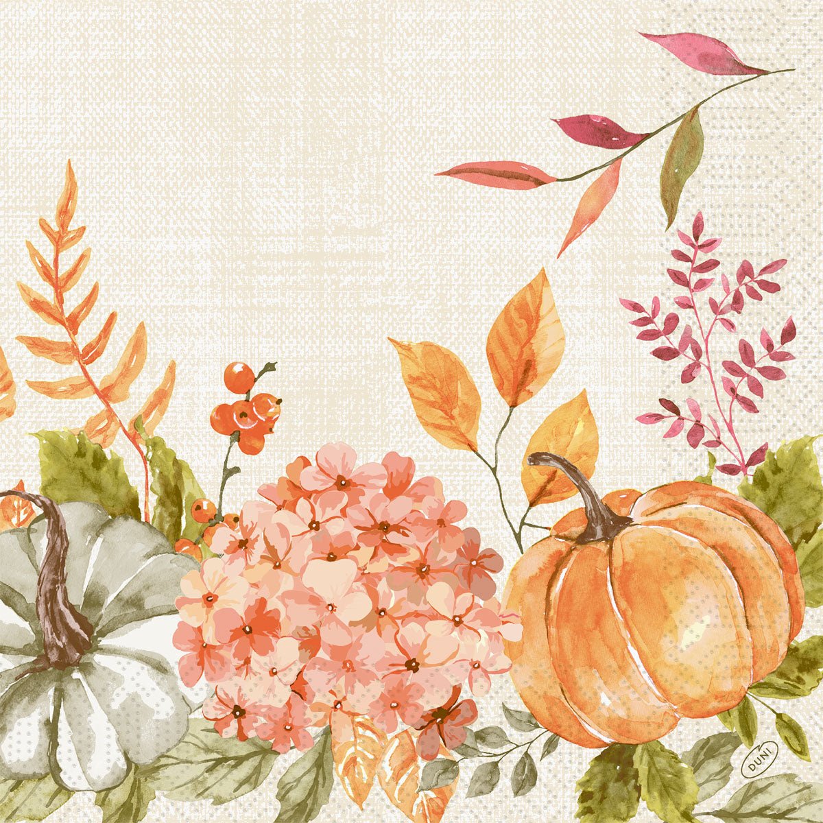 Υδατογραφημένες πορτοκαλί και πράσινες κολοκύθες, αποχρώσεις Spicy Pumpkin, ροζ ορτανσίες και φθινοπωρινά φύλλα διακοσμούν το κάτω άκρο - ιδανικό για Duni GmbH Χαρτοπετσέτες 40x40 3 στρώσεων 1/4 Spicy Pumpkin (πακέτο 250 τεμαχίων) Σχέδια.