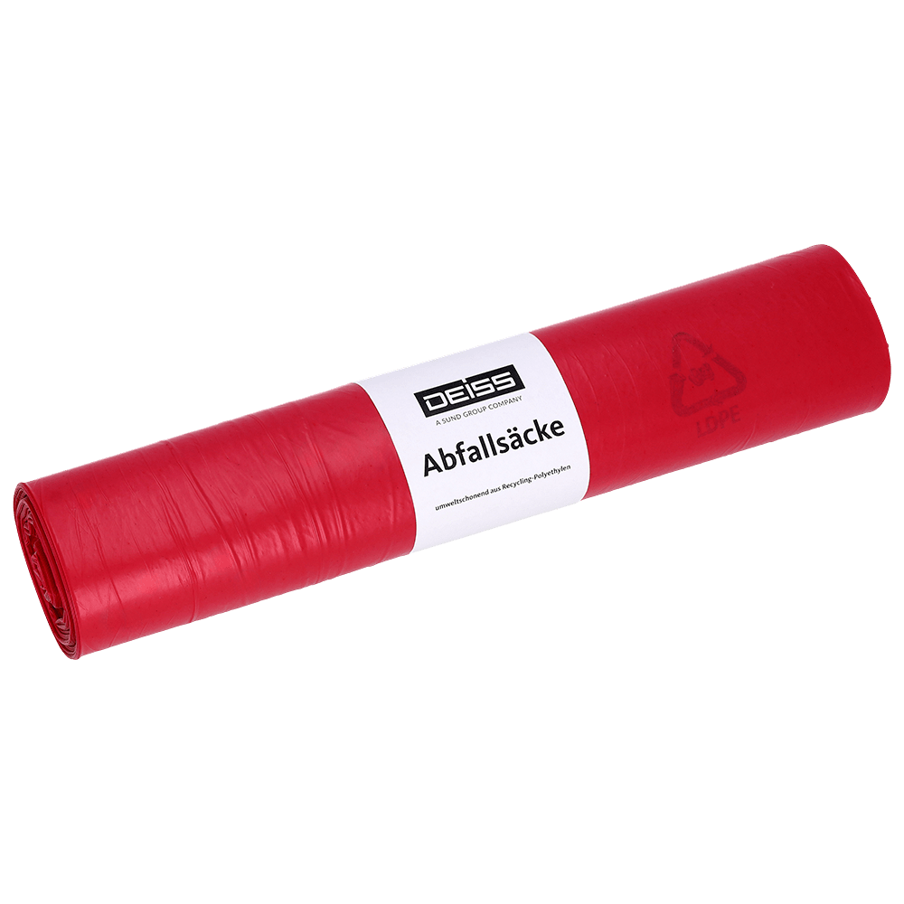 Ένας ρόλος EMIL DEISS KG (GmbH + Co.) DEISS 21720 σακούλες απορριμμάτων, 575x1000 mm σε κόκκινο, 25 σακούλες ανά ρόλο, με λευκή ετικέτα με την επιγραφή "DEISS σακούλες απορριμμάτων" και σύμβολα ανακύκλωσης, απεικονισμένα σε ένα απλό λευκό φόντο.