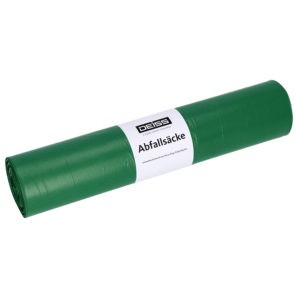 Απεικονίζεται ένας ρόλος πράσινων σακουλών απορριμμάτων EMIL DEISS KG (GmbH + Co.) με την επιγραφή "DEISS 22054 - 700x1100 mm πράσινο | Ρόλος (25 τεμάχια)" και μια λευκή ετικέτα με την επιγραφή "Σακούλες απορριμμάτων" μπροστά από ένα απλό λευκό φόντο.