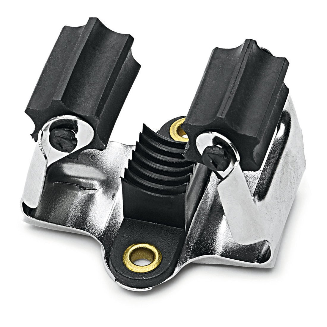 Κοντινό πλάνο της βάσης σκούπας και εργαλείων Nölle Profi Brush (1 τεμάχιο) από την Nölle Profi Brush Bürsten- & Pinseltechnik e.K. - μια μεταλλική βάση με κυλινδρικό σφιγκτήρα TPE, ραβδωτά ελαστικά μαξιλαράκια, αυλακωτή μέση και τρύπες στερέωσης.